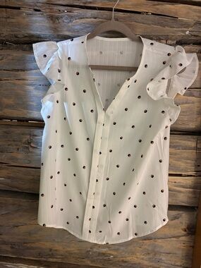 Polka Dot Ruffle Sleeve Blouse - White with Brown Dots